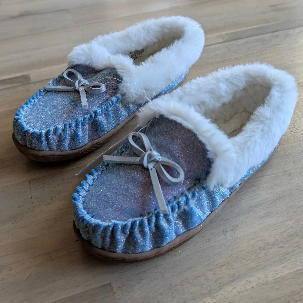 J.Crew Crewcuts Kids Glitter Slippers Size K13 Blue White Faux Fur NEW!